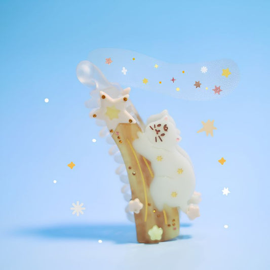 Medium Yellow Shooting Star White Cat Banana Hair Clip