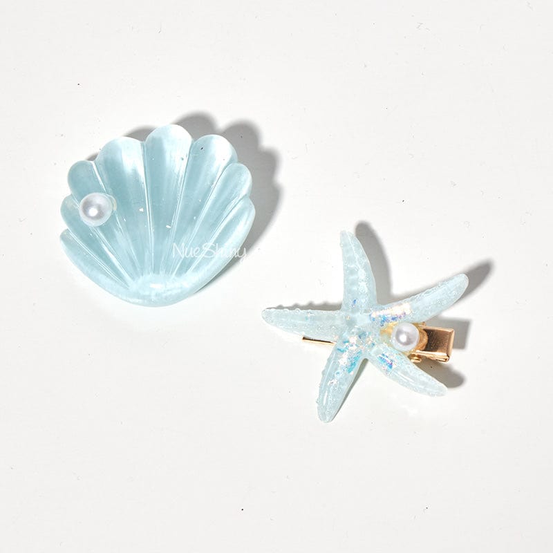 Mini Blue Shell Pearl Starfish Hair Clip Set丨NueShiny - Fhunks