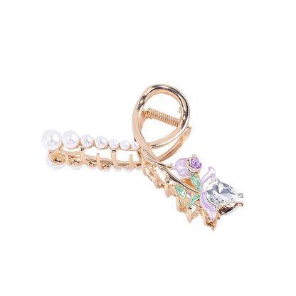 Pearl and Sparkling Purple Rose Hair Claw丨Lemonschunks