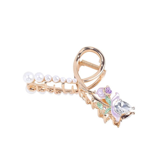 Pearl and Sparkling Purple Rose Hair Claw丨Lemonschunks