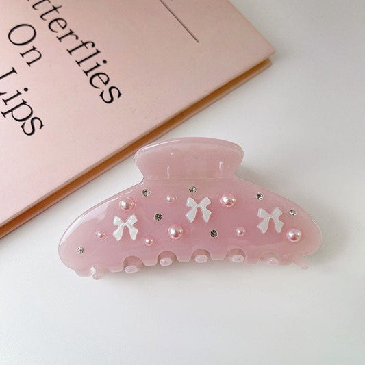 Large Pink Pearl Bow Tie Hair Claw