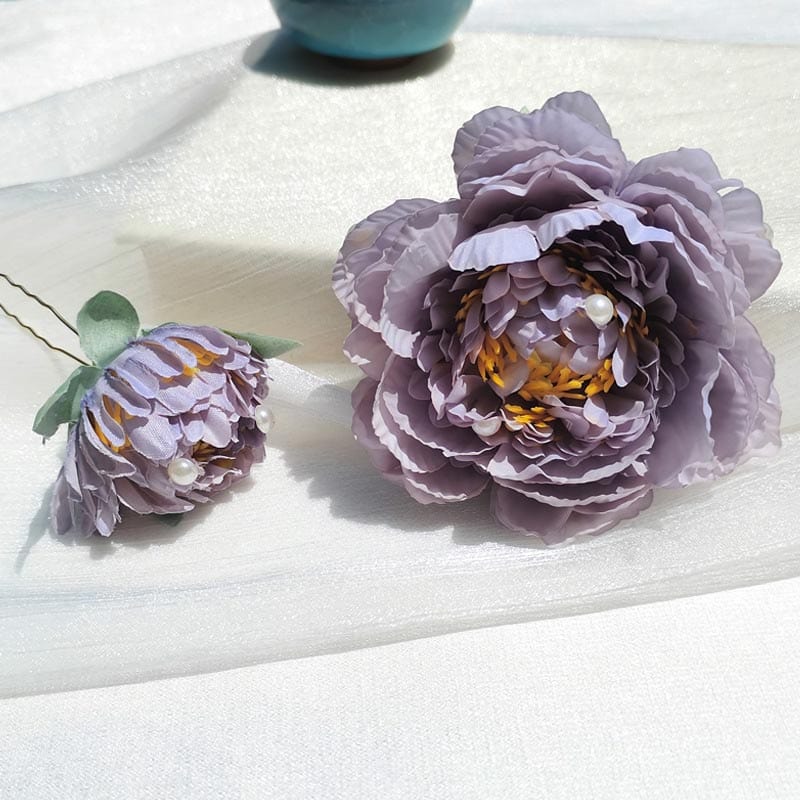 Medium Gray Purple Peony Silk Flower Hair Claw