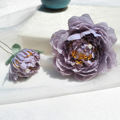 Medium Gray Purple Peony Silk Flower Hair Claw