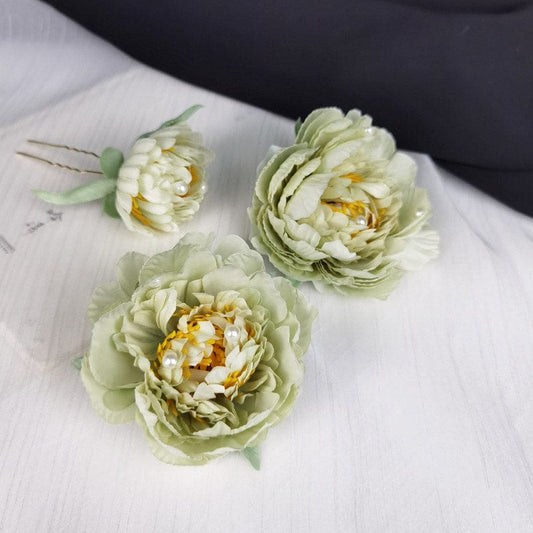 Medium Light Green Peony Silk Flower Hair Claw