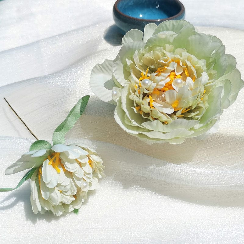 Medium Light Green Peony Silk Flower Hair Claw