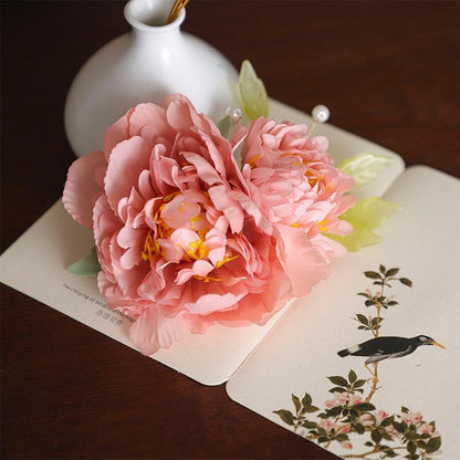 Medium Red Bean Paste Pink Peony Silk Flower Hair Claw