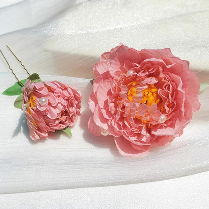 Medium Red Bean Paste Pink Peony Silk Flower Hair Claw