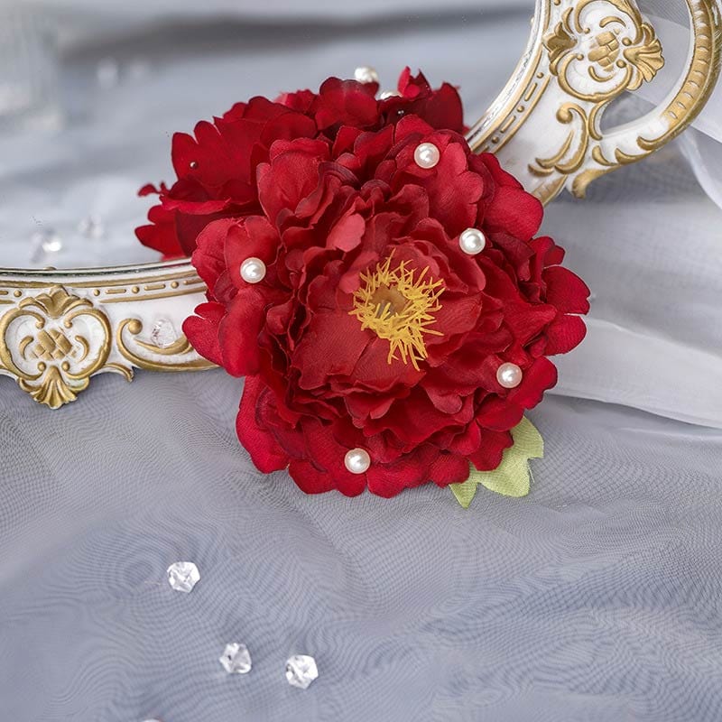 Medium Autumn Red Peony Flowers Hair Claw