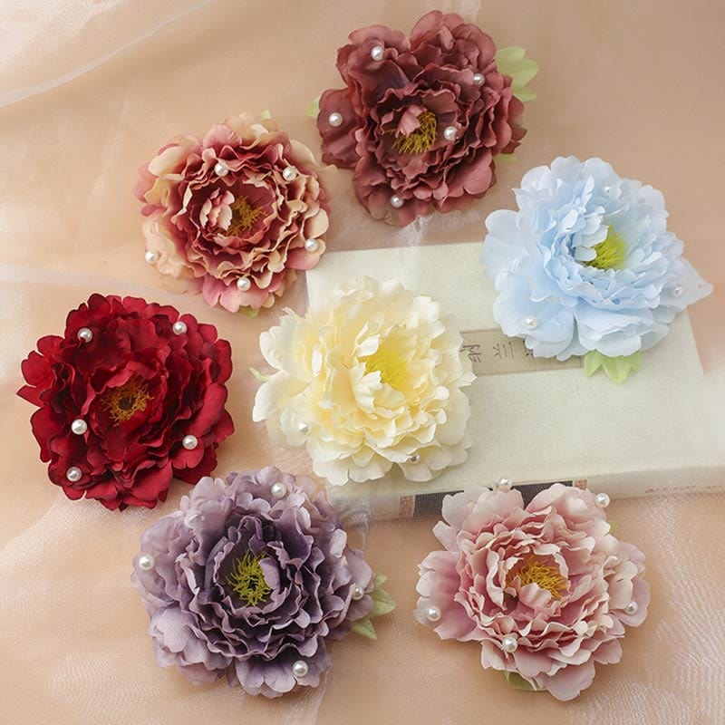 Medium Autumn Red Peony Flowers Hair Claw