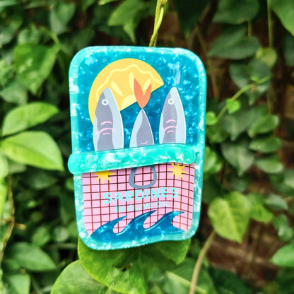 Large Blue  Pink Sardine Tin Hair Claw