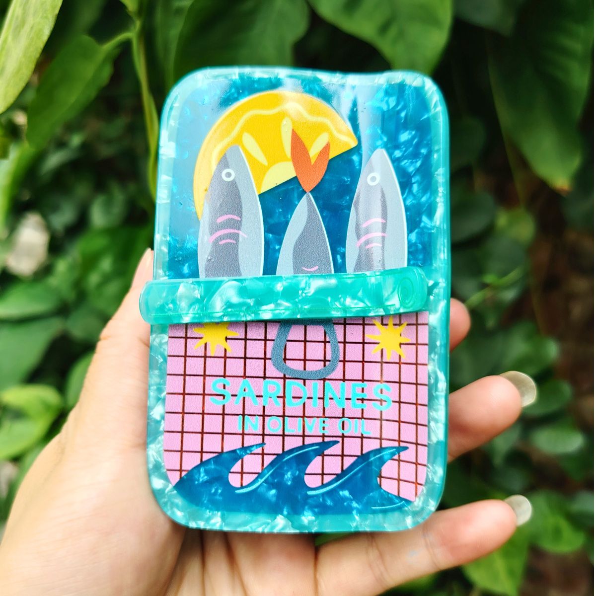 Large Blue  Pink Sardine Tin Hair Claw