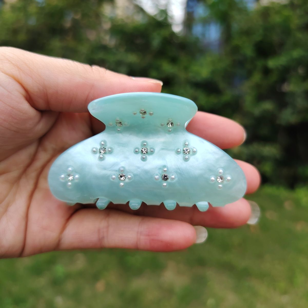 Small Teal Pearl Cross Rhinestone Hair Claw