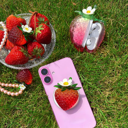 Transparent Burgundy Strawberry Magnetic Phone Grip Stand