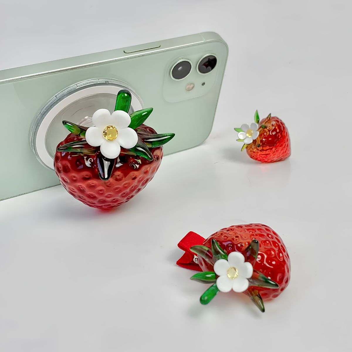 Transparent Burgundy Strawberry Magnetic Phone Grip Stand