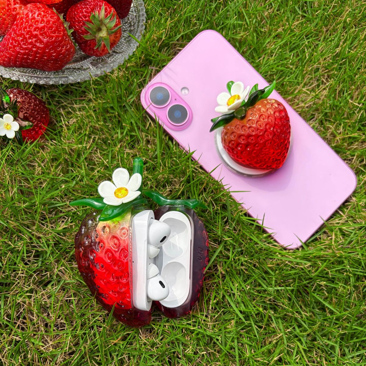 Transparent Burgundy Strawberry Magnetic Phone Grip Stand