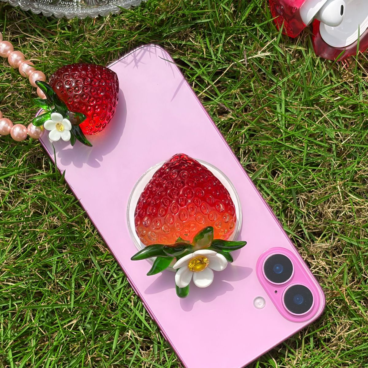 Transparent Burgundy Strawberry Magnetic Phone Grip Stand