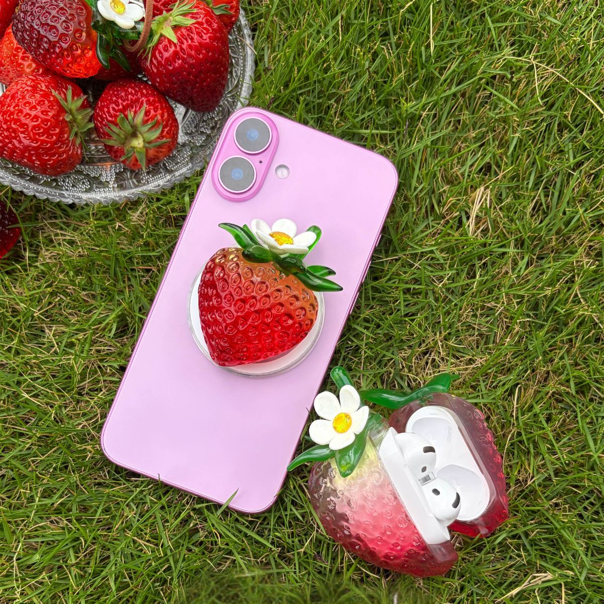 Transparent Burgundy Strawberry Magnetic Phone Grip Stand