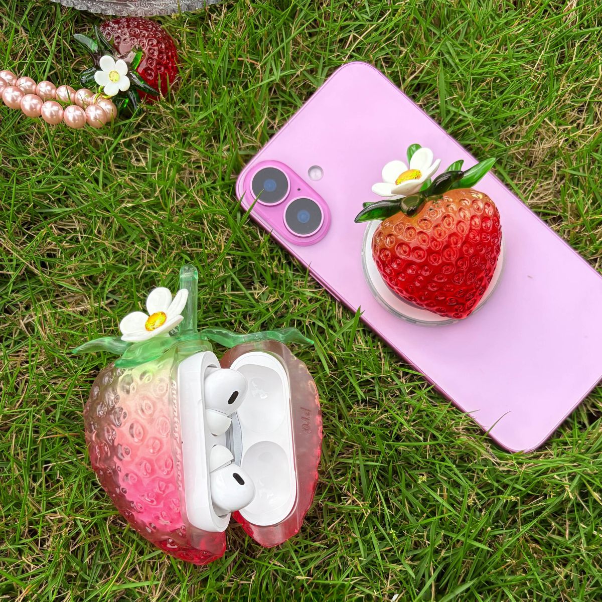 Transparent Burgundy Strawberry Magnetic Phone Grip Stand