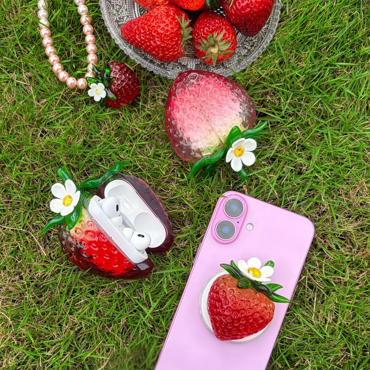 Transparent Burgundy Strawberry Magnetic Phone Grip Stand